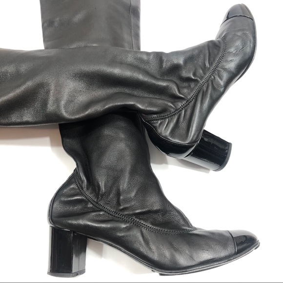 CHANEL • CC Lambskin Leather Thigh-High Heel Boots - Picture 7 of 16